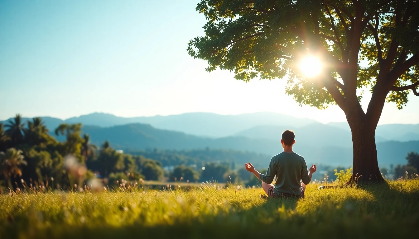 Enhance your emotional wellbeing by meditating in a tranquil nature setting under a leafy tree.