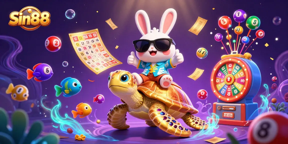 Experience winning fun at Sin88 with a vibrant scene of a lucky rabbit and turtle surrounded by dynamic games.