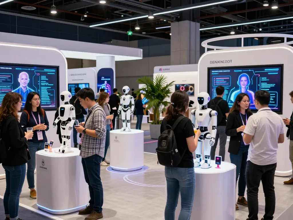 Engaging individuals at a futuristic exhibition showcasing sex bot technology and AI innovations, displaying advanced models.