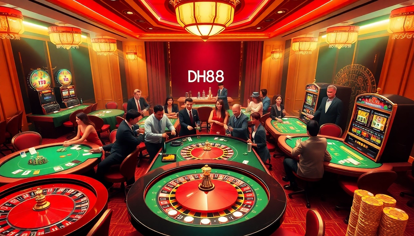 Vibrant scene at DH88 Casino featuring excited players at roulette and slots.