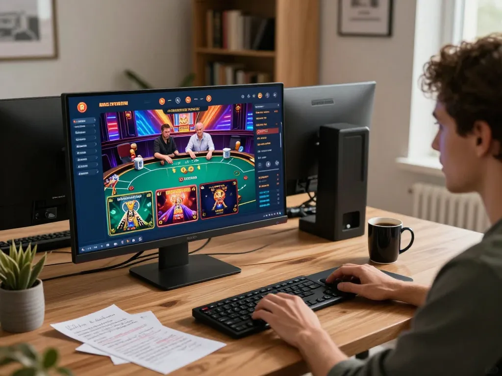 Player enjoying a gaming session on lc88.it.com with poker and slots displayed on screen, showcasing a cozy home office setting.