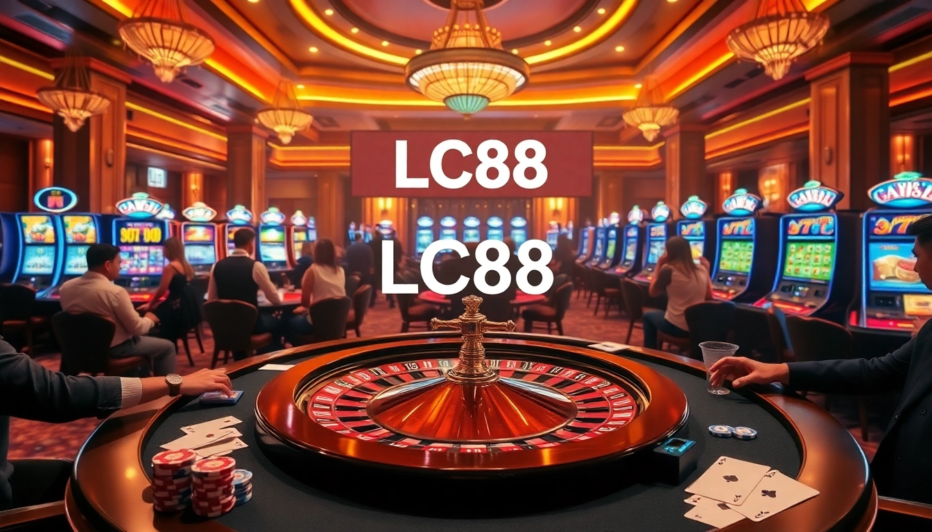 Players betting at an elegant LC88 casino roulette table surrounded by vibrant slot machines.