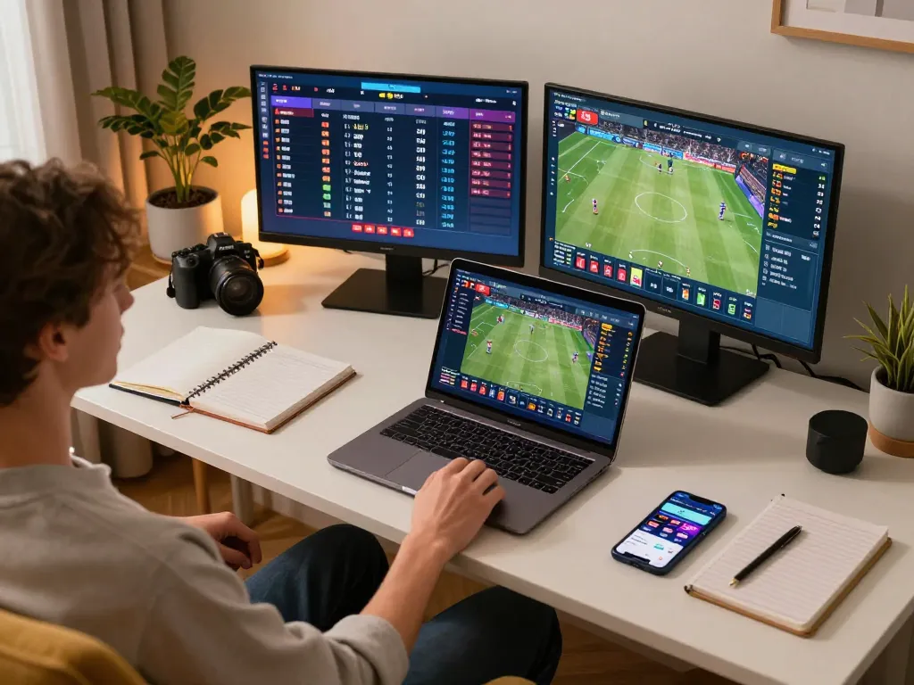 Player engaging in online sports betting on KKWIN laptop, dynamic at-home gaming setup