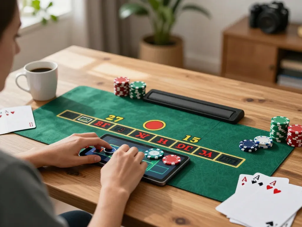 Player immersed in live dealer blackjack session on ee88go platform, focused on strategy and gameplay in a cozy home setting.