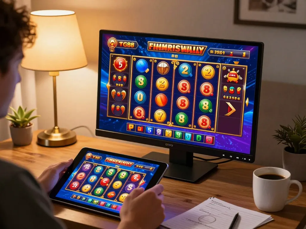 Player enjoying slot games on the TG88 platform in a cozy home setting with engaging visuals.
