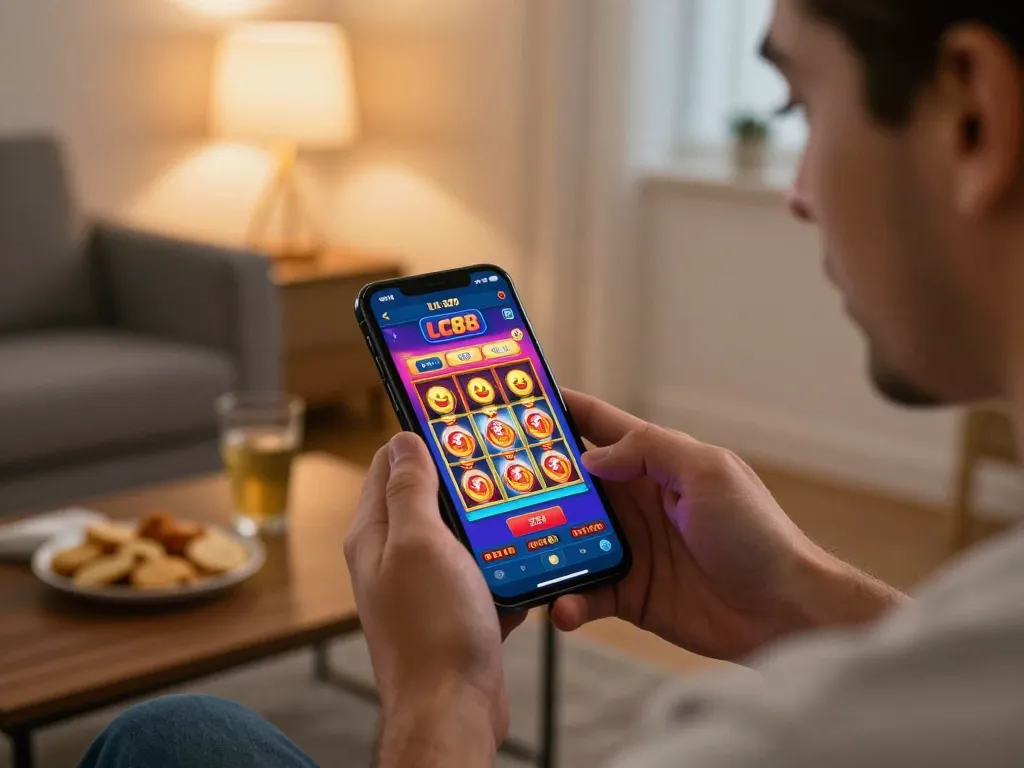 Engaged player using the LC88 casino app on smartphone for exciting online gaming experience.