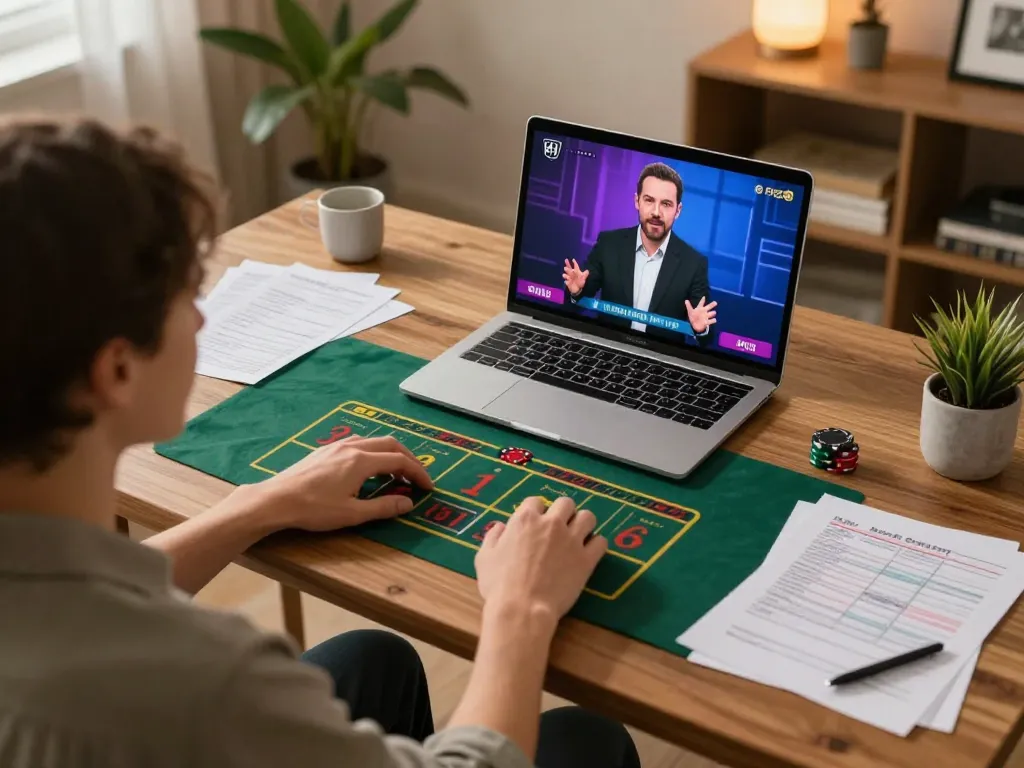 Max88 online user enjoying a live dealer game on a laptop, showcasing strategic engagement.