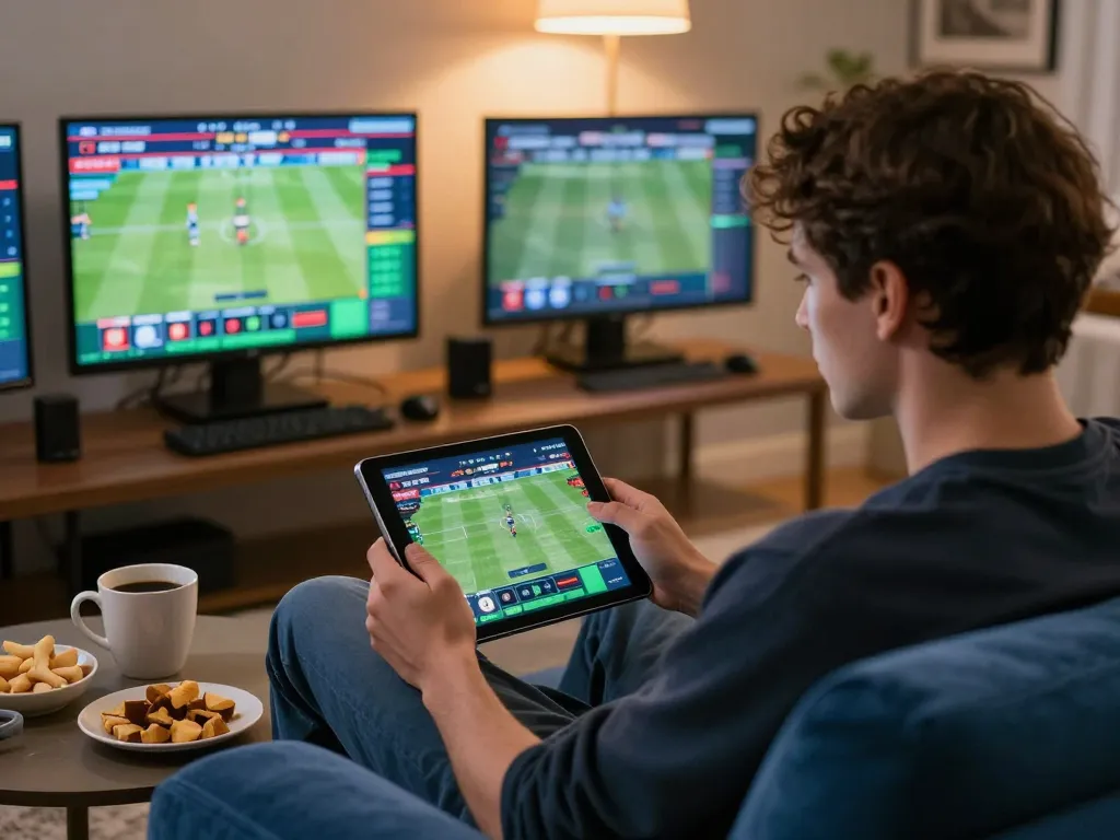 Engaged player analyzing kèo nhà cái on a tablet during a live sports betting session in a cozy home.