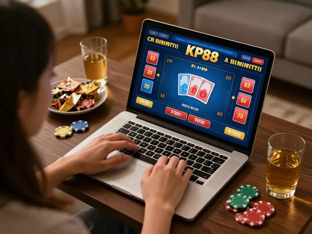 Engaged gambler playing KP88 online casino game on laptop with warm ambiance.