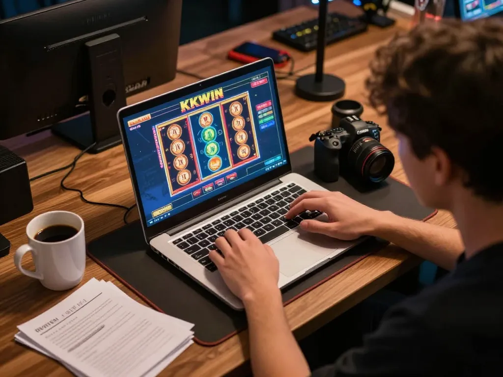 Player engaging with KKWIN online casino games on a laptop, showcasing vibrant graphics and strategy notes.