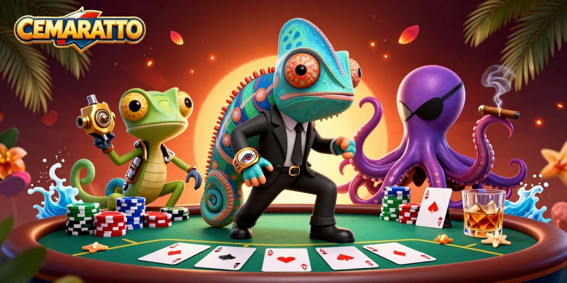 CEMARATOTO showcases a vibrant gambling scene featuring a chameleon, gecko, and octopus at a poker table.