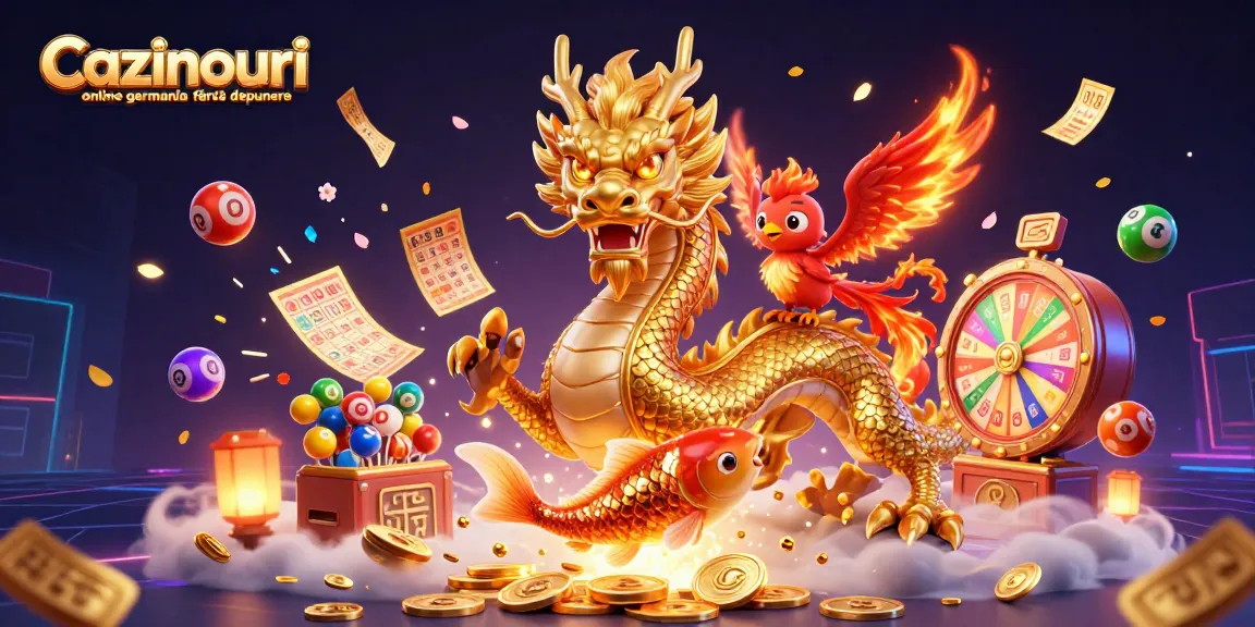 Cazinouri online germania fără depunere features a dynamic scene with a golden dragon, phoenix, and koi fish amidst vibrant lottery elements.