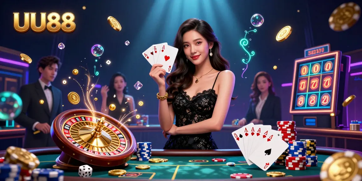 Experience thrilling jackpots at UU88, with a photorealistic Asian woman holding playing cards in a luxurious casino setting.
