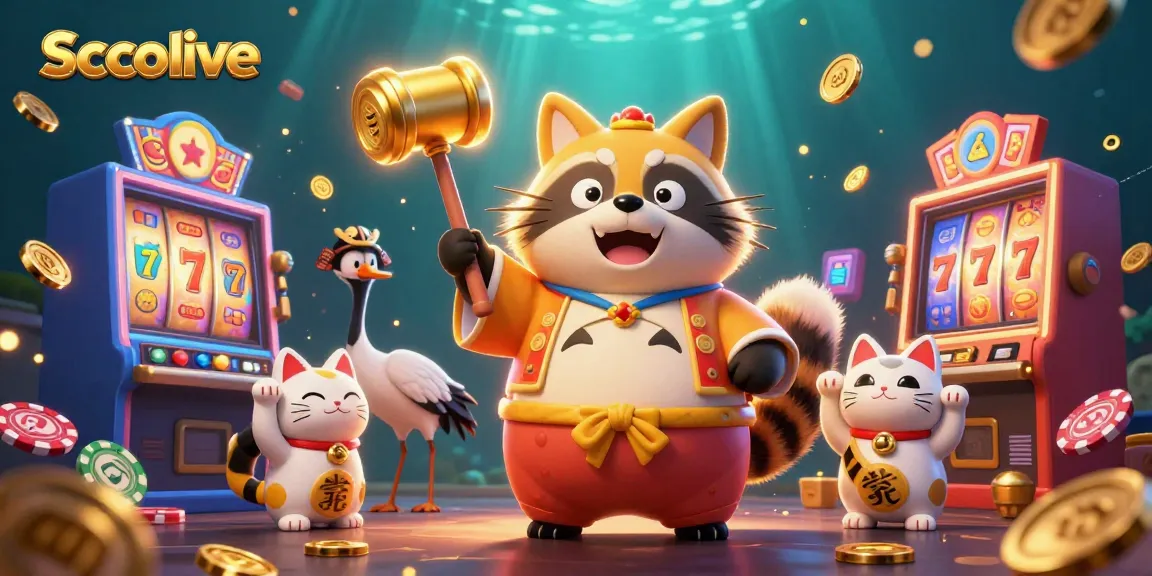 Socolive's vibrant casino scene features a cheerful tanuki amidst slot machines, symbolizing luck and fun.