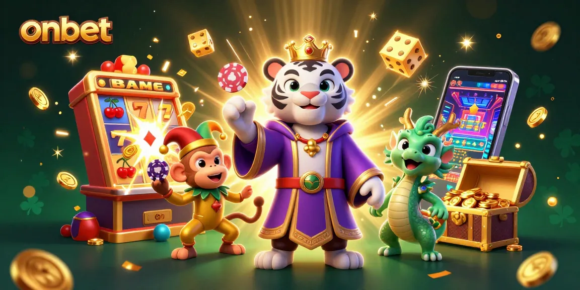 Experience winning with onbet in a vibrant 3D casino illustration featuring a white tiger and playful monkey.