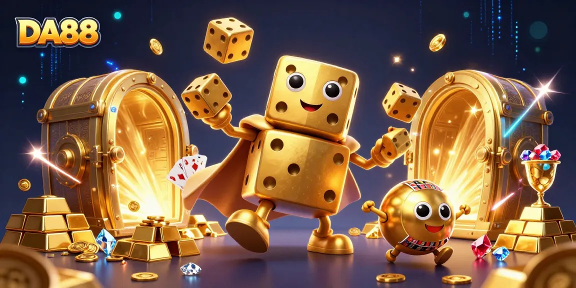 Engage with DA88’s vibrant casino experience featuring golden dice and a roulette-ball companion.