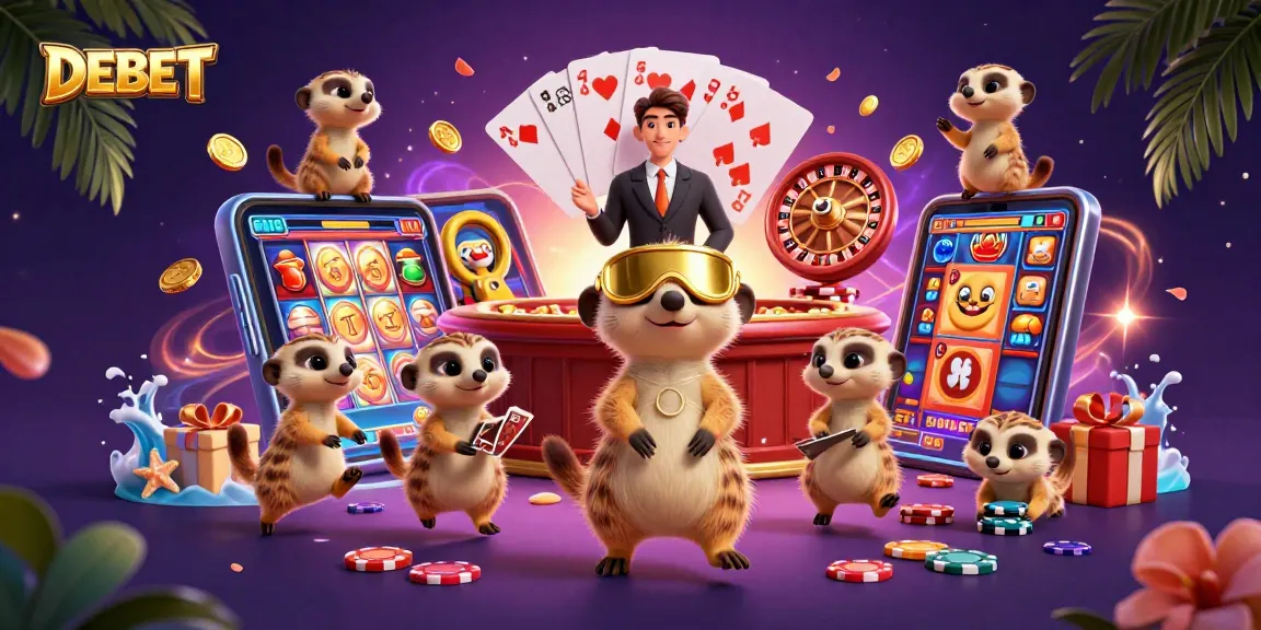DEBET casino meerkats managing a fun-filled gaming scene with lively slot excitement.