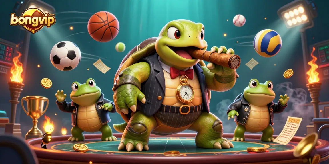 Bongvip showcases a dynamic casino scene with a snapping turtle mobster and bullfrog enforcers, highlighting sports betting excitement.