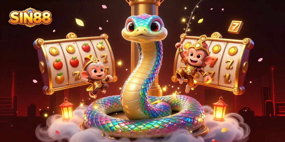 SIN88 spins into action with vibrant slot reels, rainbow serpent, and a monkey king in a detailed illustration