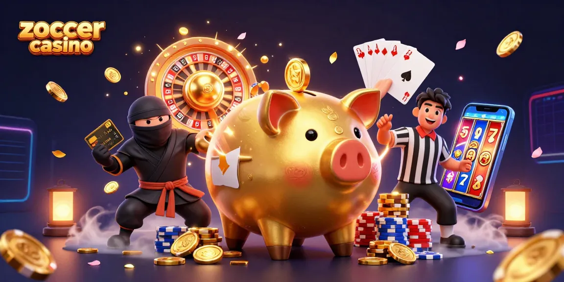 Zoccer casino showcases an energetic scene with dynamic characters and sparkling elements in a vibrant casino atmosphere.