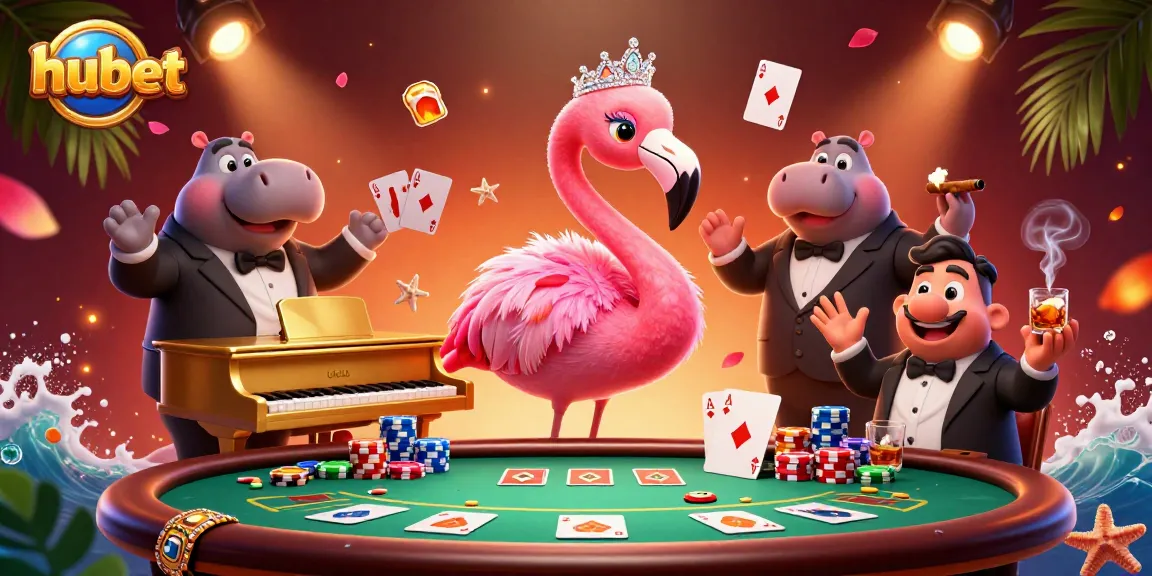 Experience hubet's lively casino atmosphere with vibrant characters and dynamic poker action in this detailed illustration.
