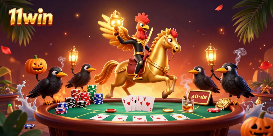 Engage with 11win's vibrant casino atmosphere featuring a golden rooster headless horseman and poker elements.