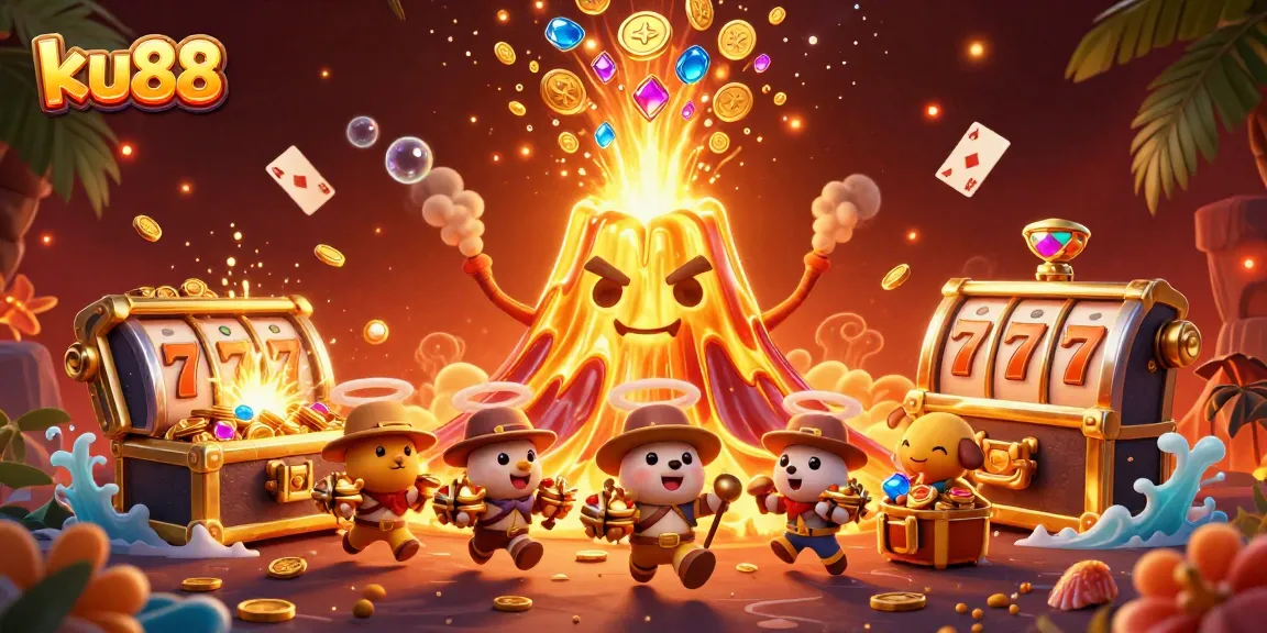 Experience winning spins and treasures with ku88’s vibrant 3D volcano and slot machine scene